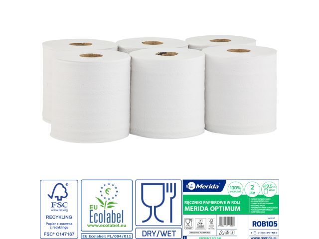 Ręczniki papierowe w roli MERIDA OPTIMUM MAXI, białe, średnica 19,5 cm, długość 150 m, dwuwarstwowe, zgrzewka 6 rolek, ECOLABEL